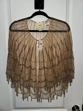 Maeve Champagne Beaded Sheer Poncho Cape